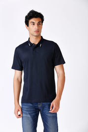 Men's Solid Matte Navy Blue Polo T-shirt with Tipping