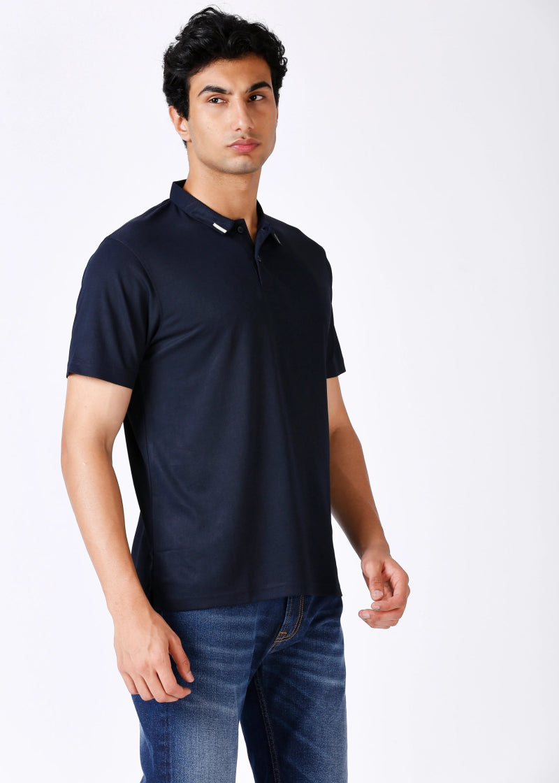 Model Wearing Navy Blue Polo T-shirt
