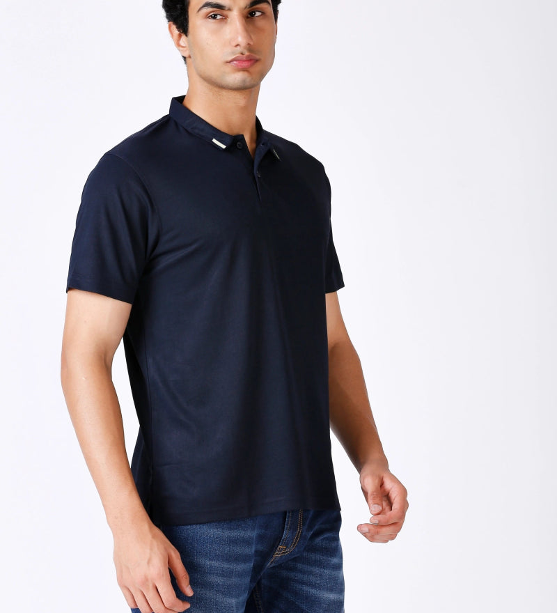 Model Wearing Navy Blue Polo T-shirt