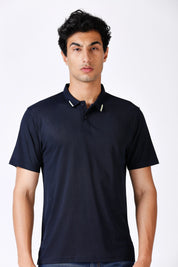 Men's Solid Matte Navy Blue Polo T-shirt with Tipping