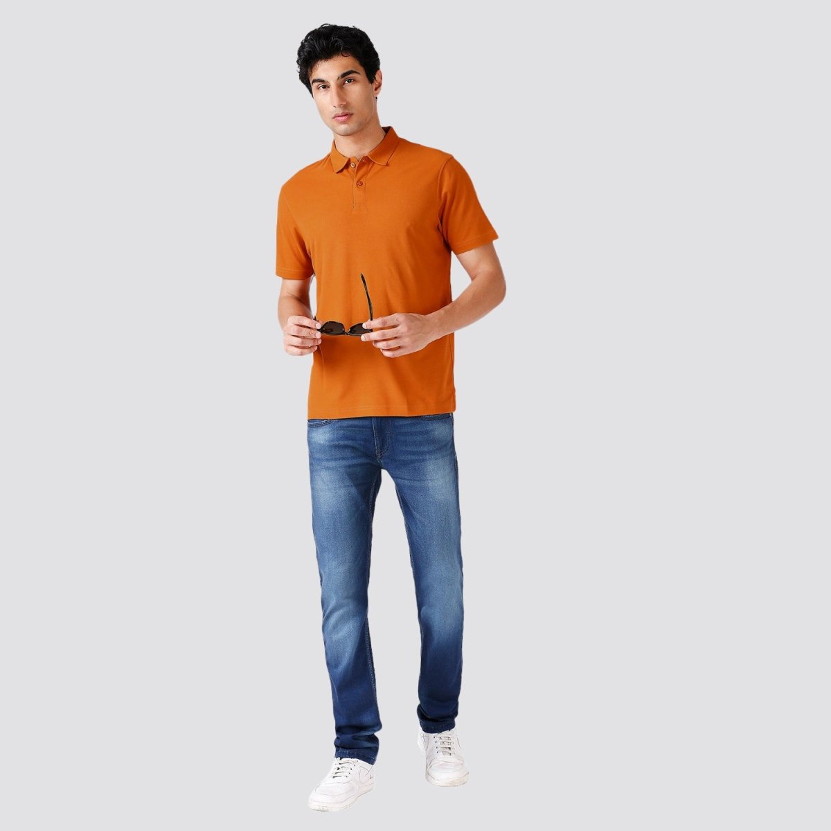Model Wearing Orange Wood Polo T-shirt
