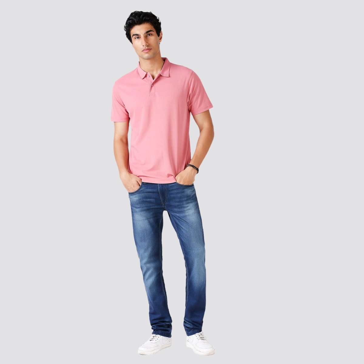 Model Wearing Rose Polo T-shirt