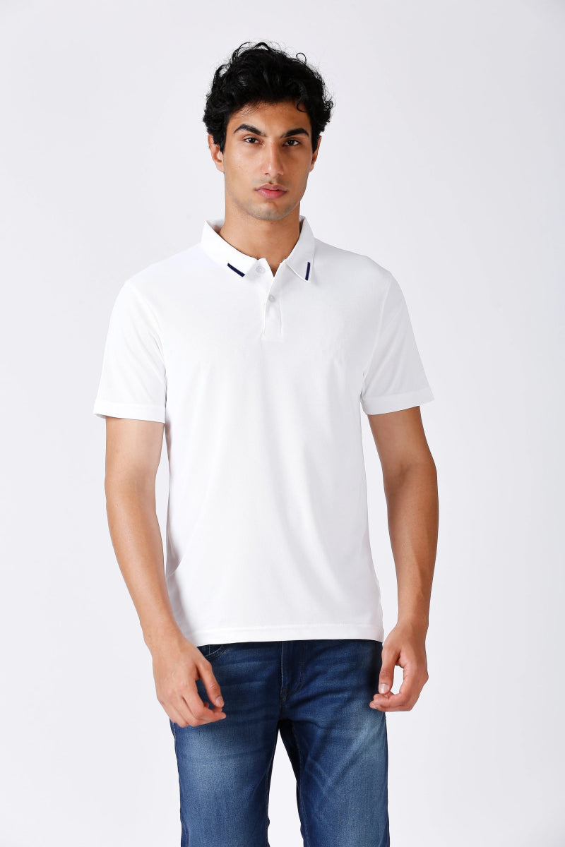 Men's Solid Matte White  Polo T-shirt with Tipping