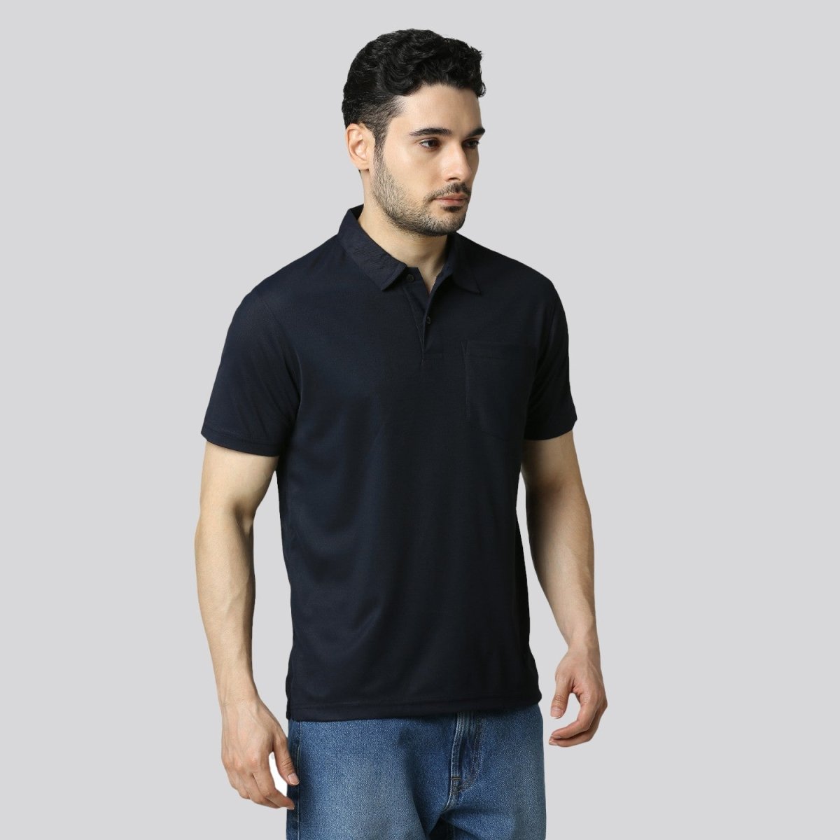 Men's Solid Navy Blue Matte Polo T-Shirt with Pocket