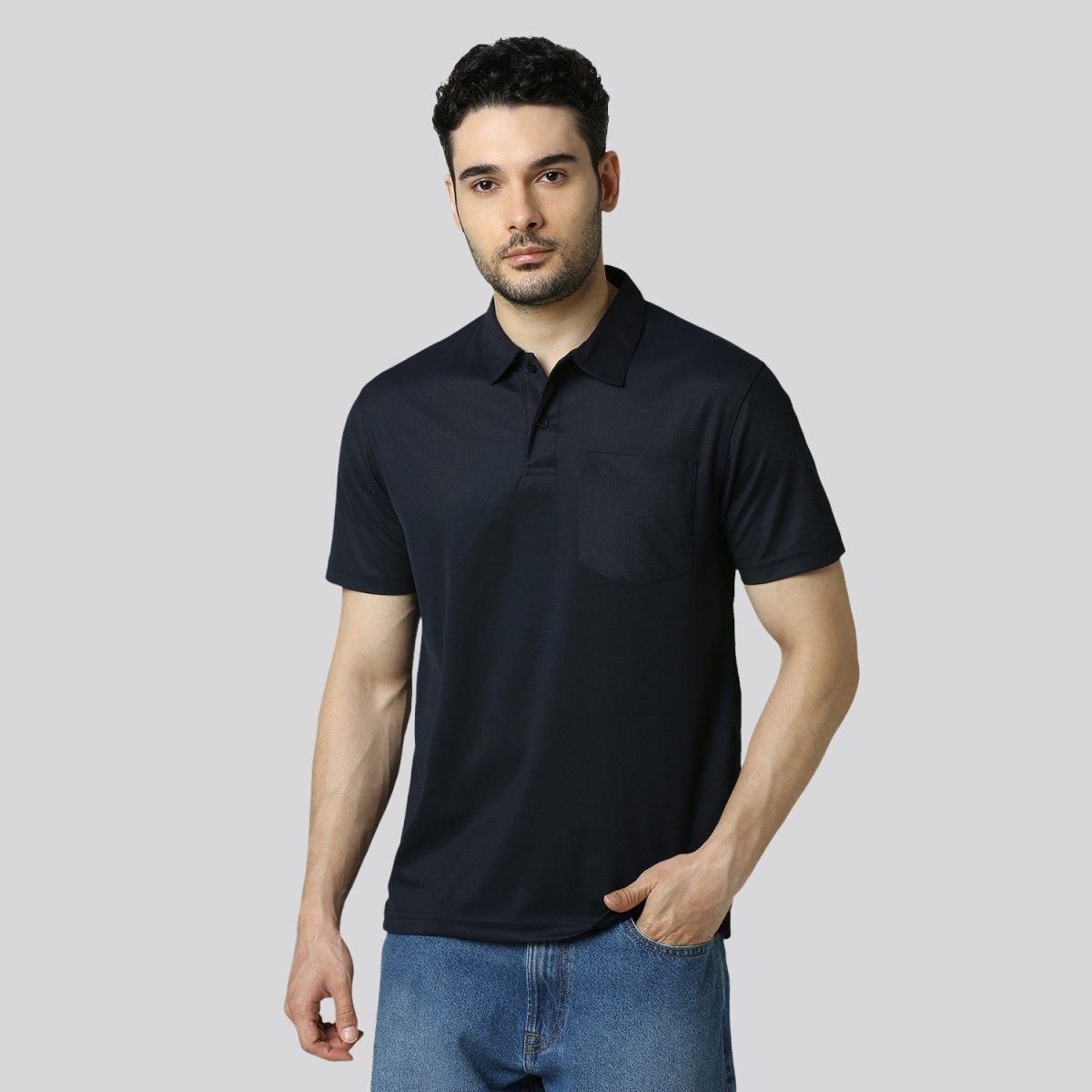 Men's Solid Navy Blue Matte Polo T-Shirt with Pocket