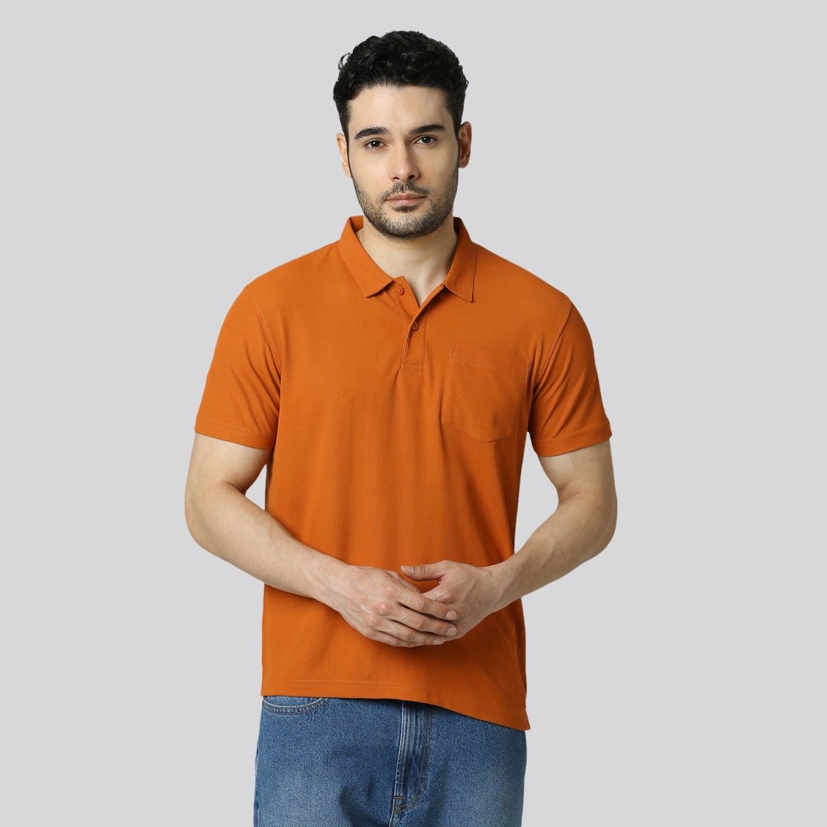 Men's Solid Wood Orange Matte Polo T-Shirt with Pocket