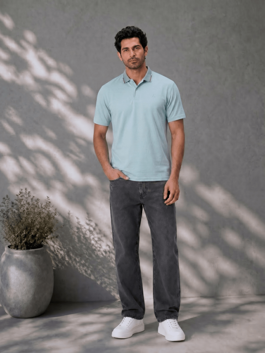 Mint Melange Men's Polo T Shirt with Contrast Tipping