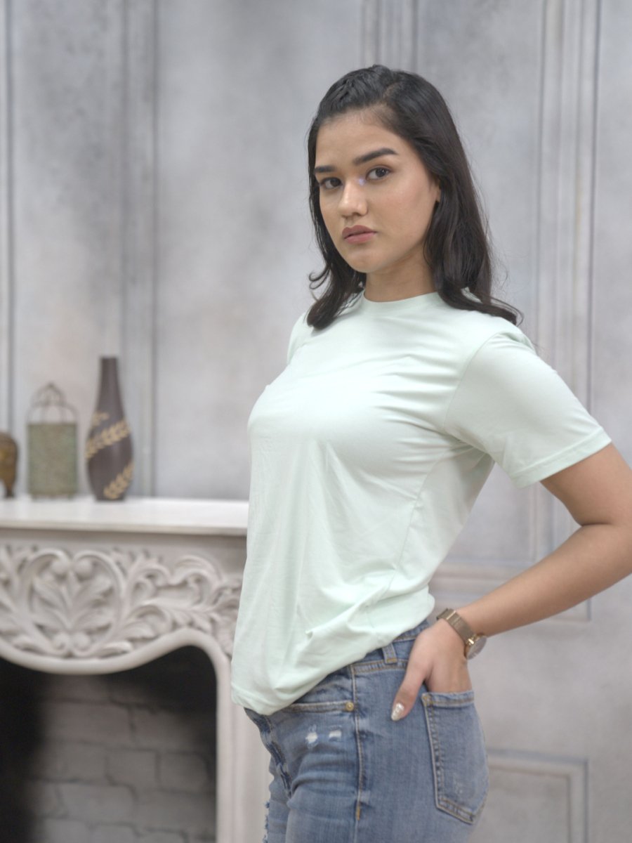 Mint Green Solid Round Neck T-Shirt for Women