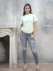 Mint Green Solid Round Neck T-Shirt for Women