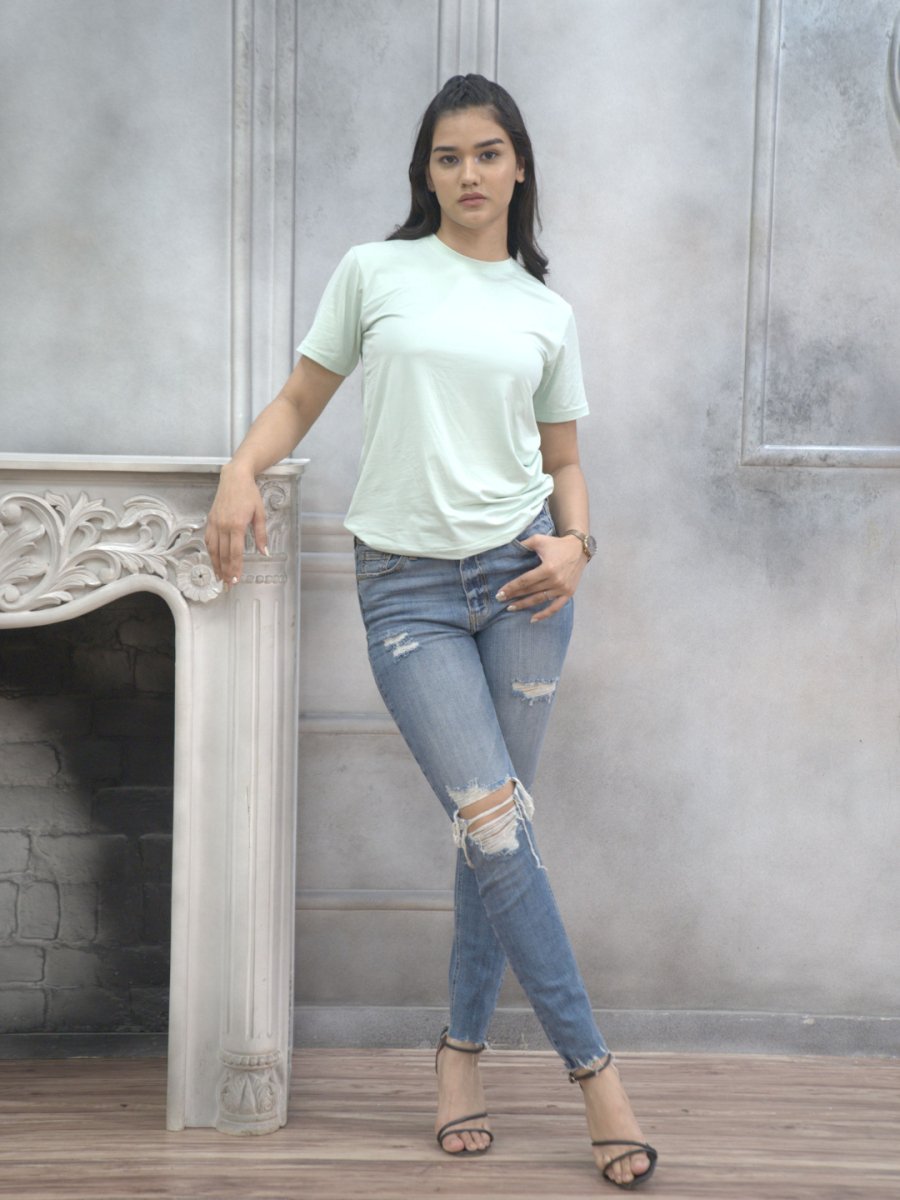 Mint Green Solid Round Neck T-Shirt for Women