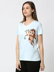 Monkey Graphic Printed Women's V-Neck T-Shirt - White/Peach