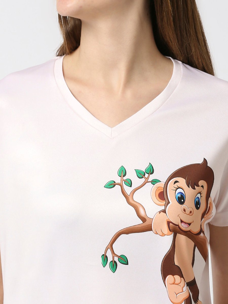 Monkey Graphic Printed Women's V-Neck T-Shirt - White/Peach