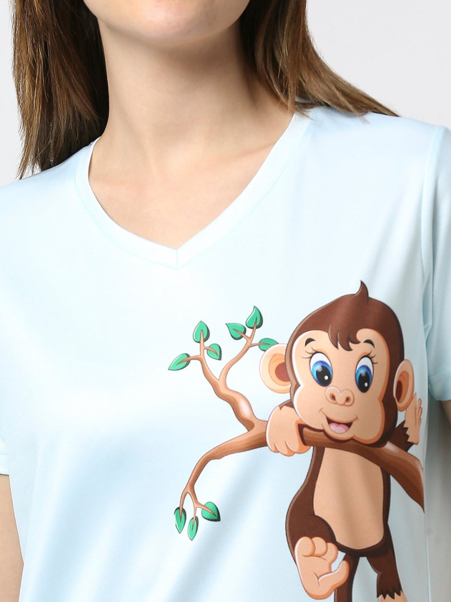 Monkey Graphic Printed Women's V-Neck T-Shirt - White/Peach