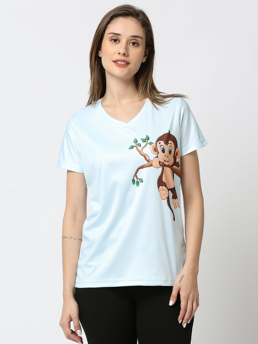 Monkey Graphic Printed Women's V-Neck T-Shirt - Blue/Peach