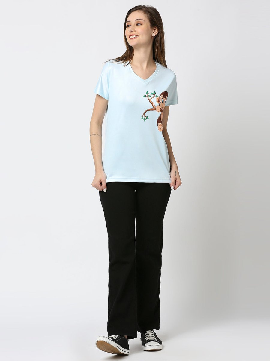 Monkey Graphic Printed Women's V-Neck T-Shirt - White/Peach