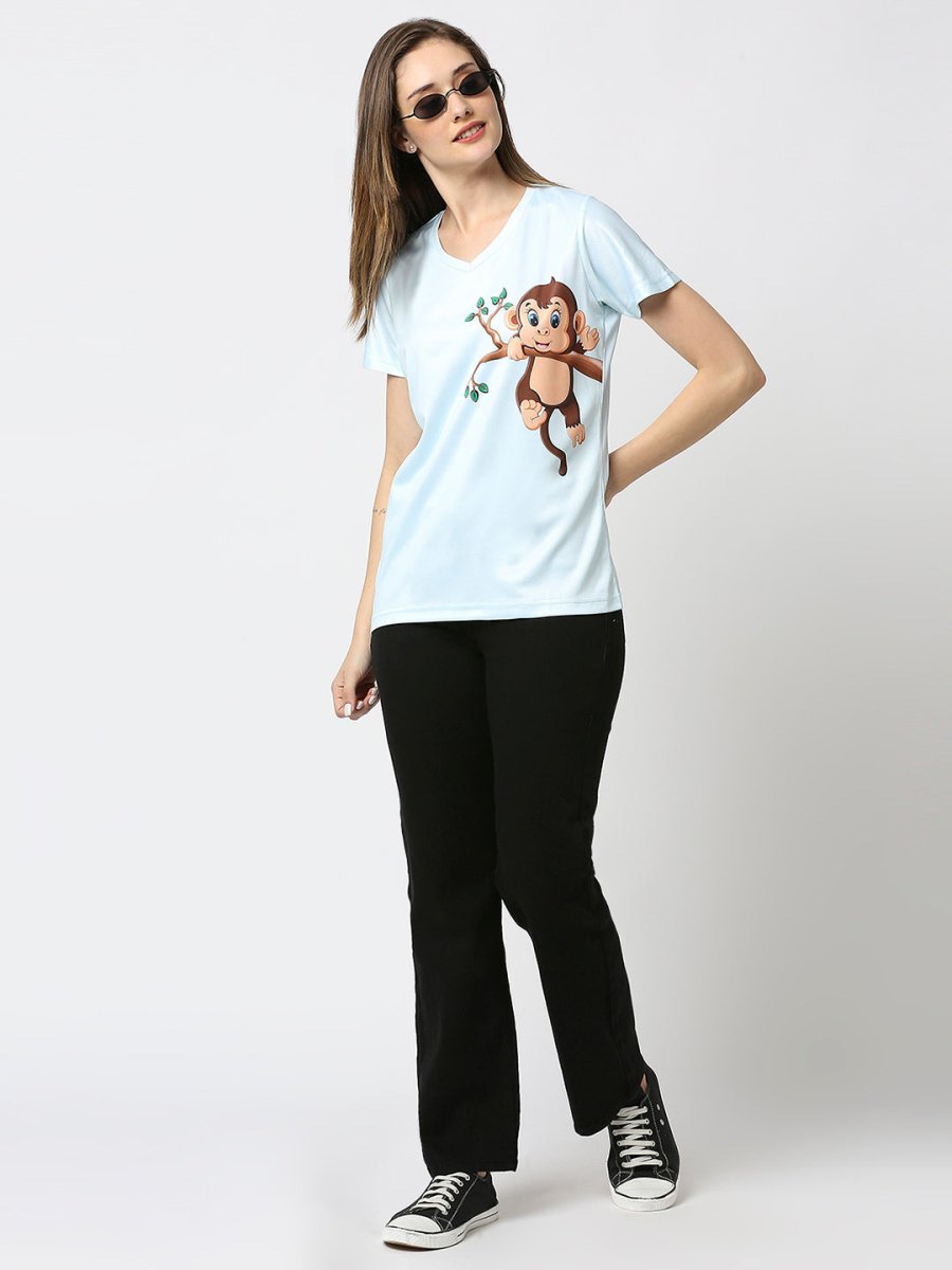 Monkey Graphic Printed Women's V-Neck T-Shirt - White/Peach