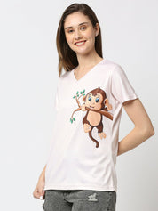 Monkey Graphic Printed Women's V-Neck T-Shirt - White/Peach