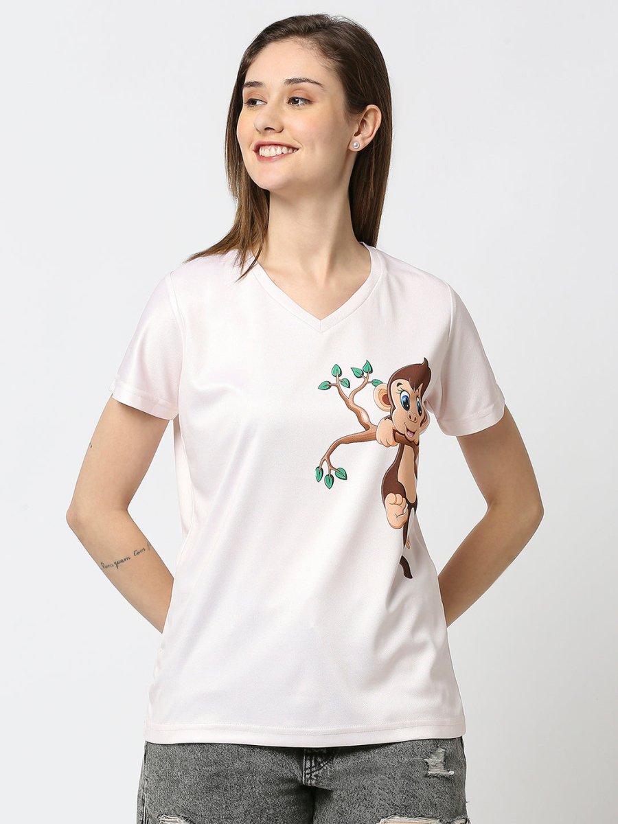 Monkey Graphic Printed Women's V-Neck T-Shirt - White/Peach