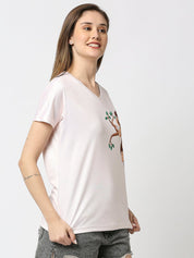 Monkey Graphic Printed Women's V-Neck T-Shirt - White/Peach