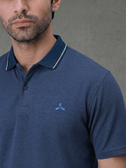 Navy Melange Polo T Shirt with Tipping Collar