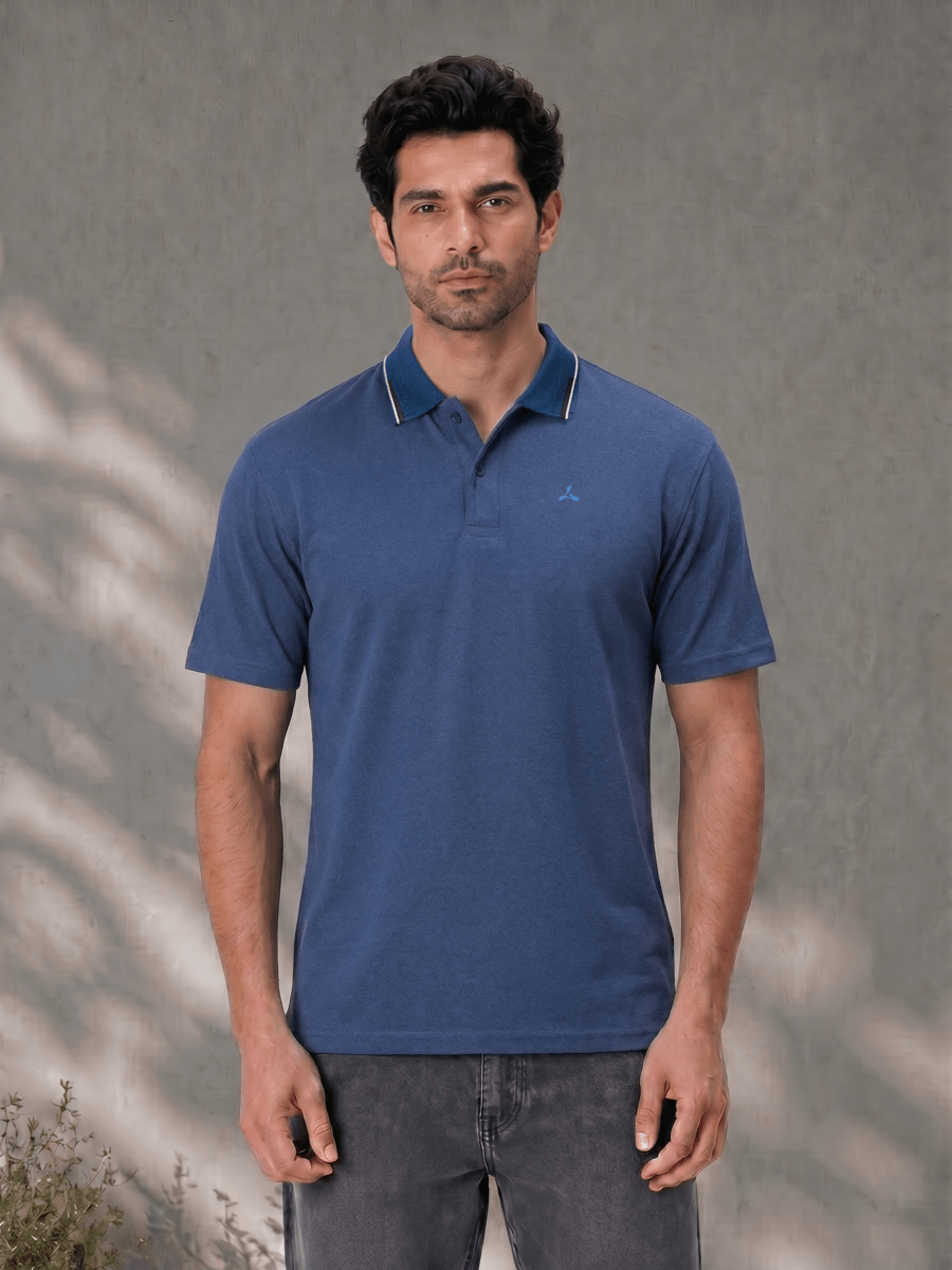 Navy Melange Polo T Shirt with Tipping Collar