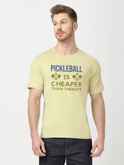 Olive colour Pickleball T shirt with quote Pickleball is Cheaper than Therapy