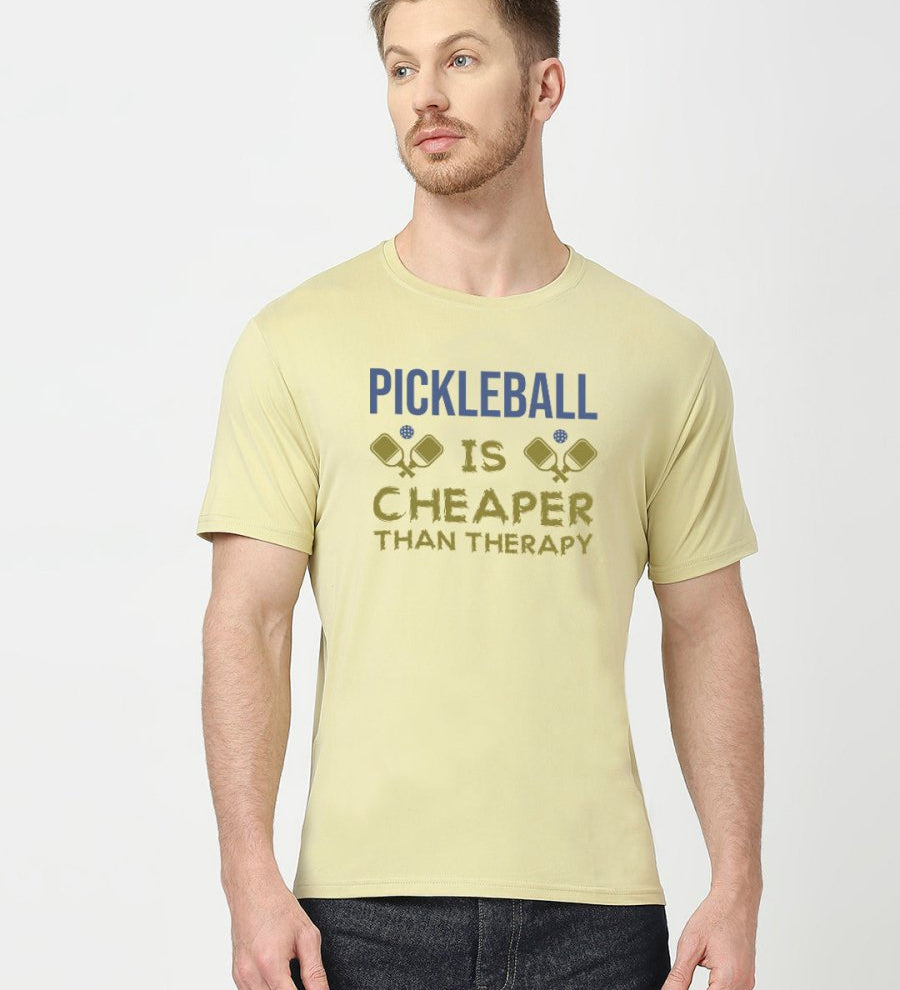 Olive colour Pickleball T shirt with quote Pickleball is Cheaper than Therapy