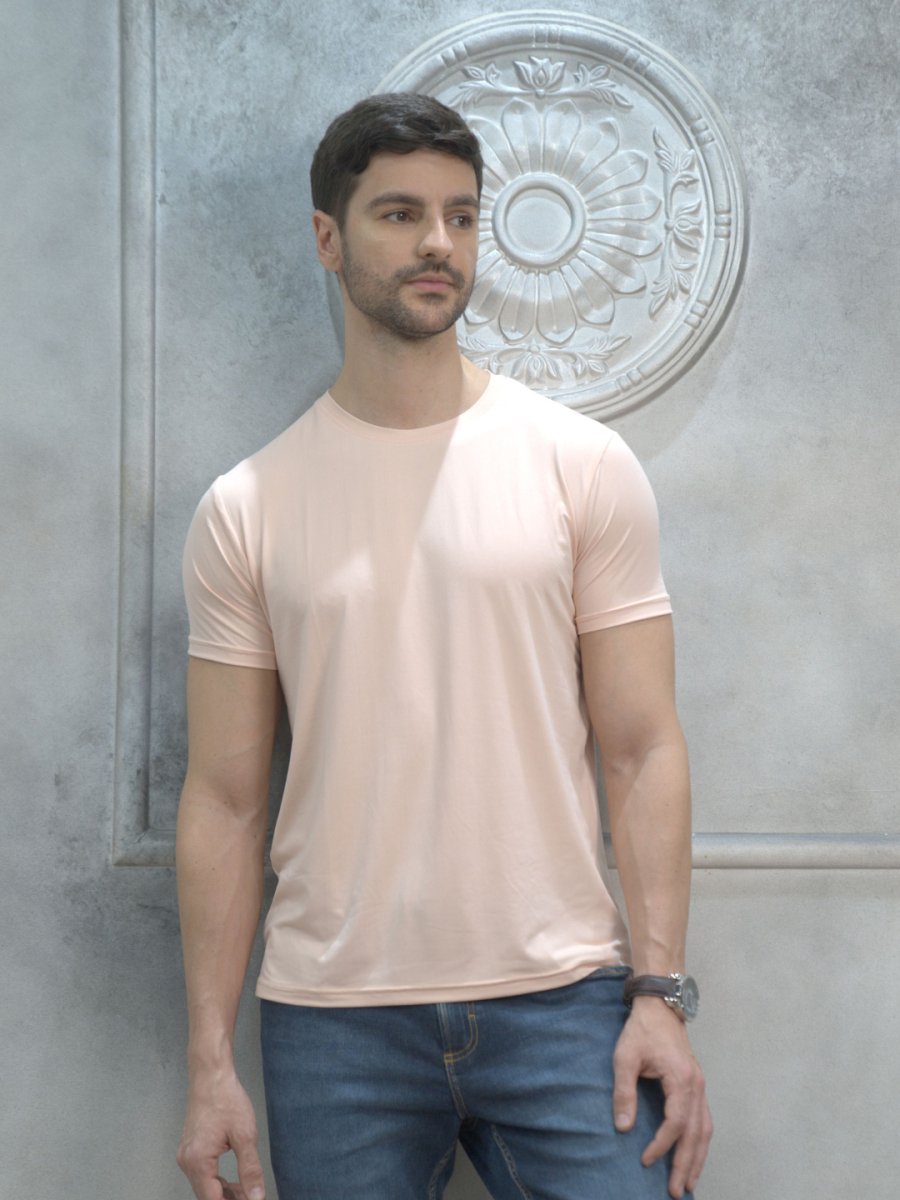 Peach Round Neck Solid T-Shirt Men