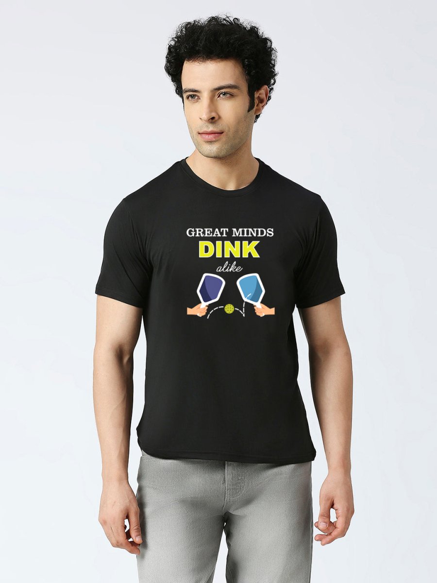 Black dry fit T-shirt with ‘Great Minds Dink Alike’ pickleball quote