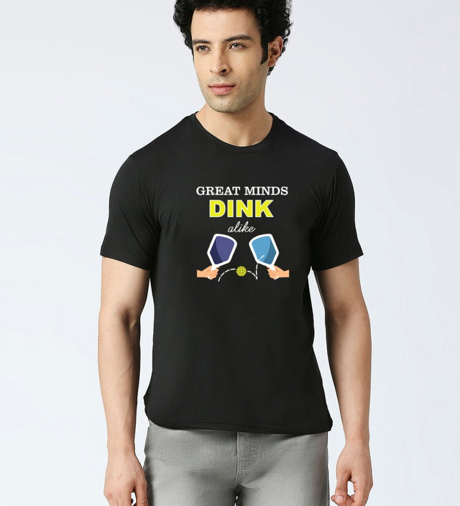 Black dry fit T-shirt with ‘Great Minds Dink Alike’ pickleball quote