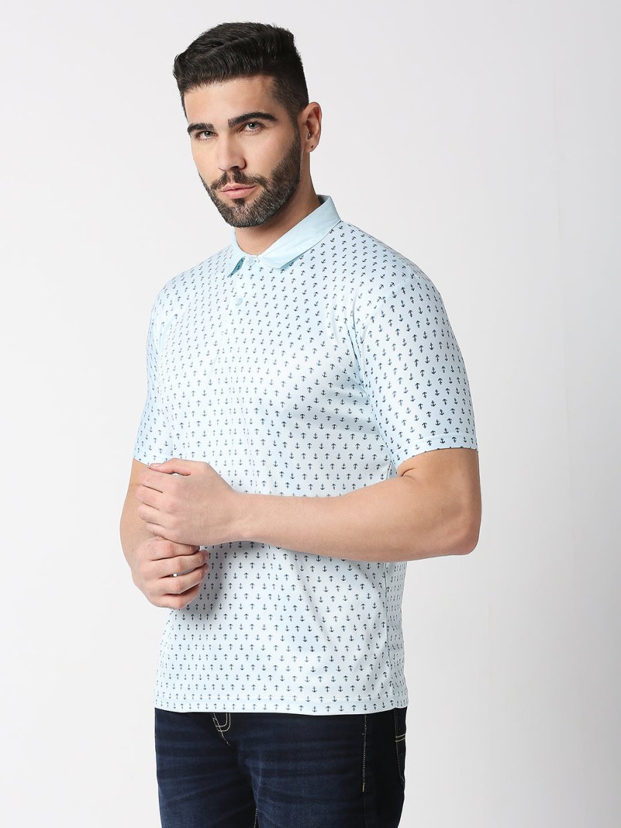 Men's Blue Anchor Print Polo T-shirt