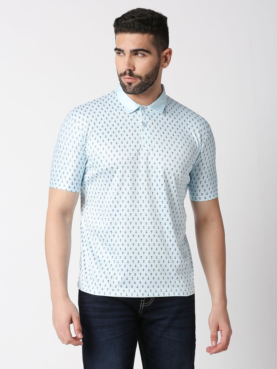 Men's Blue Anchor Print Polo T-shirt