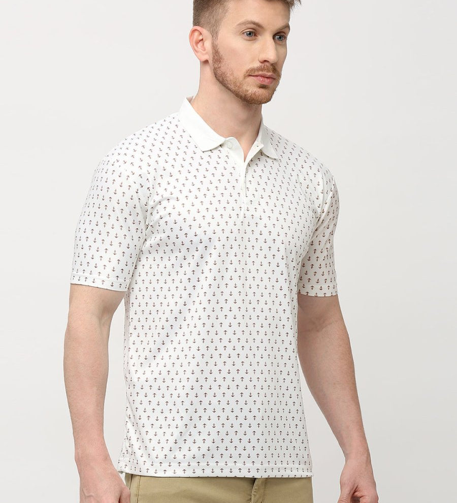Men's Cream Anchor Print Polo T-shirt