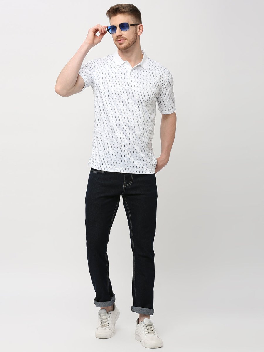 Men's White Anchor Print Polo T-shirt