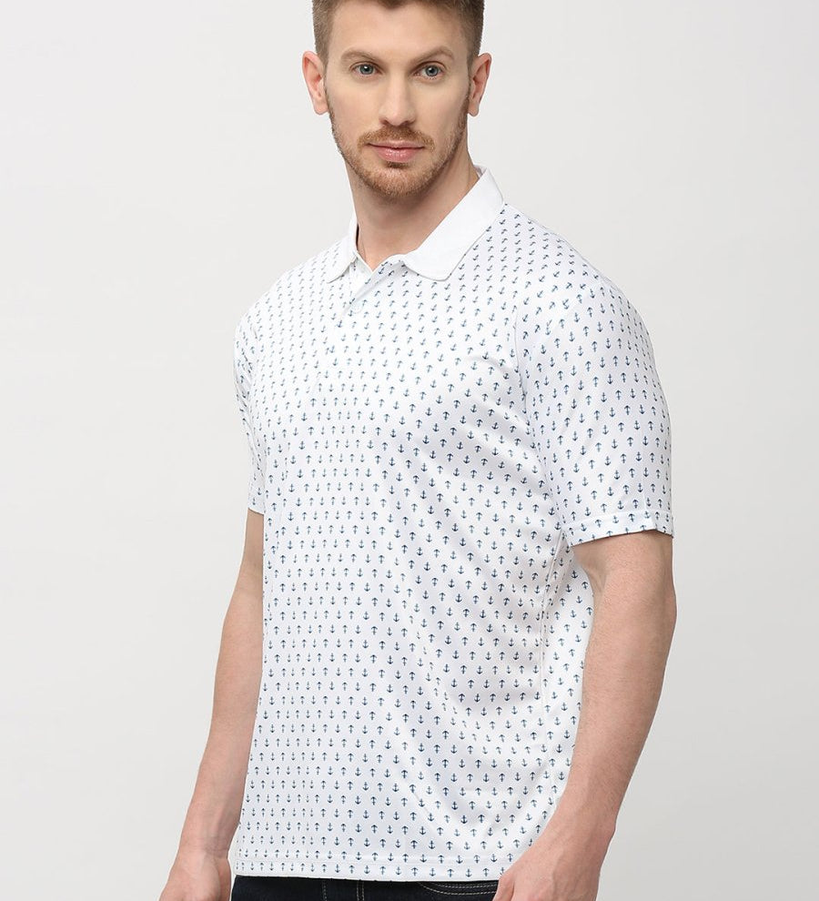 White Anchor Print Polo T-shirt