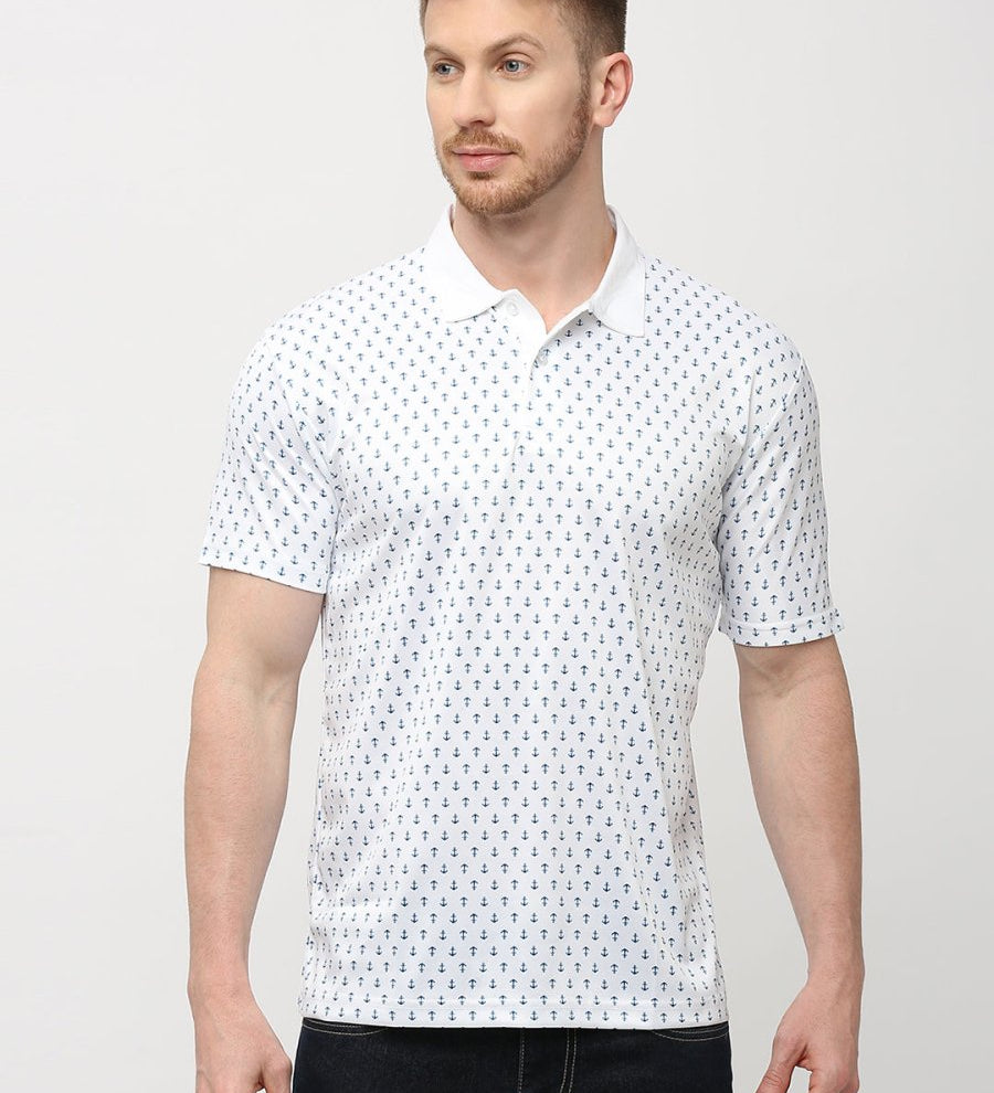 White Anchor Print Polo T-shirt