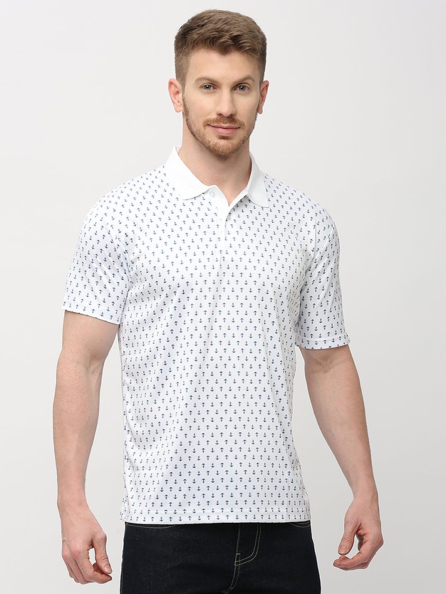 Men's White Anchor Print Polo T-shirt