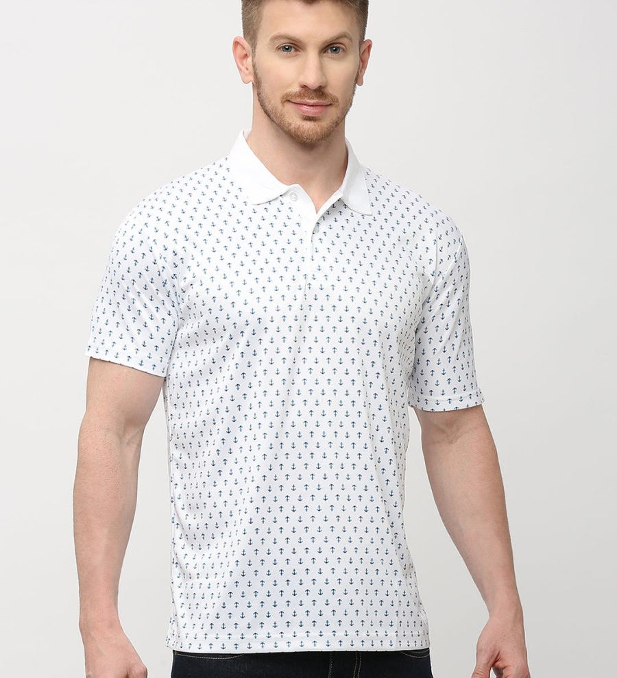 White Anchor Print Polo T-shirt