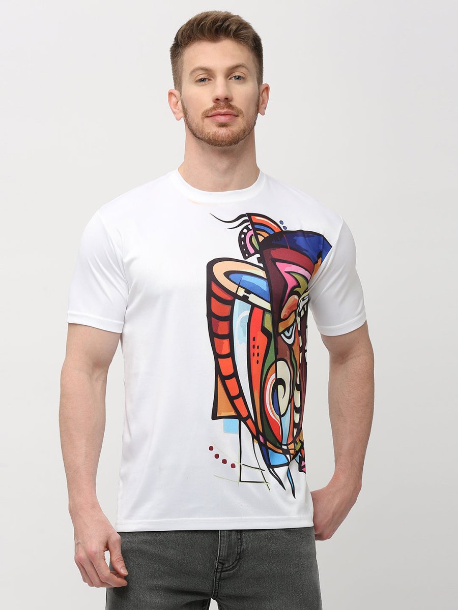 Abstract Face Round Neck Solid Print T-shirt  - White for Men