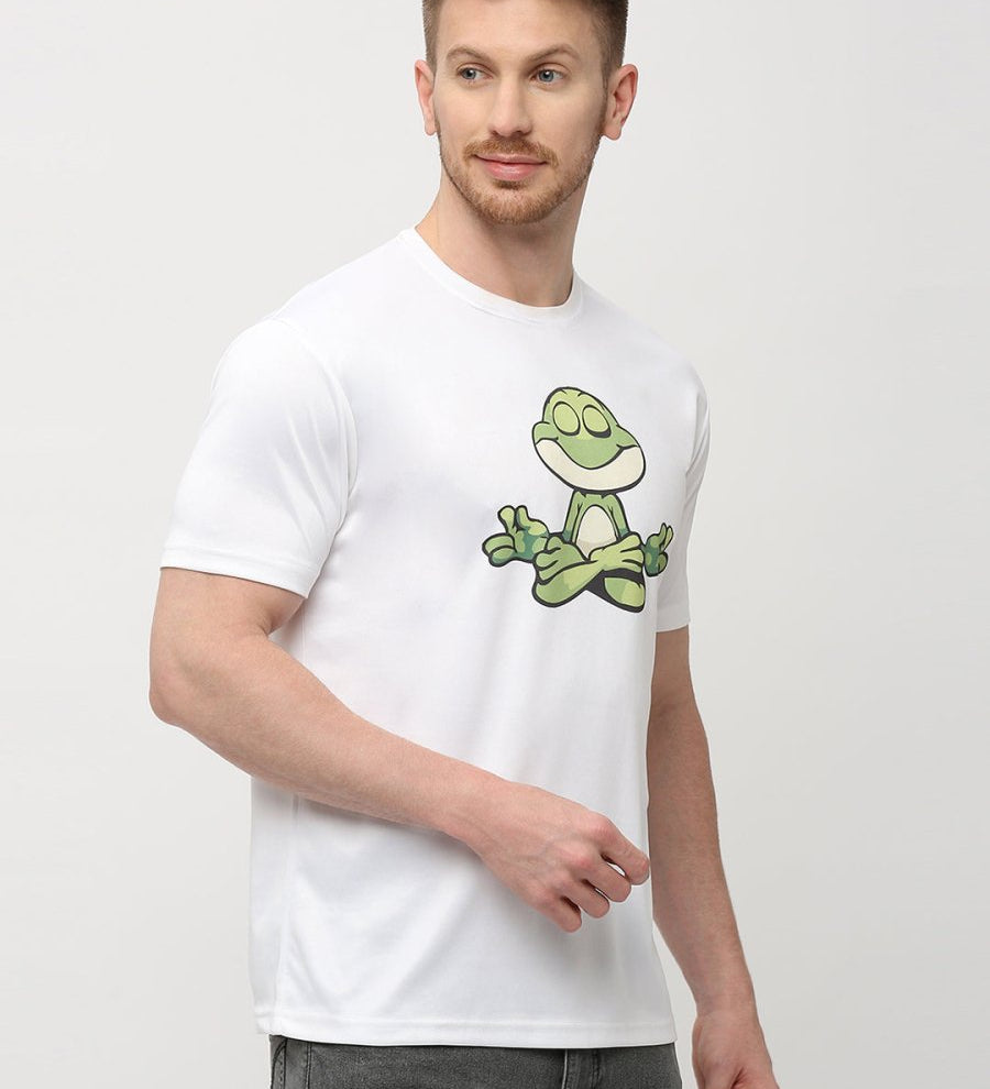 Side view of white frog print t-shirt