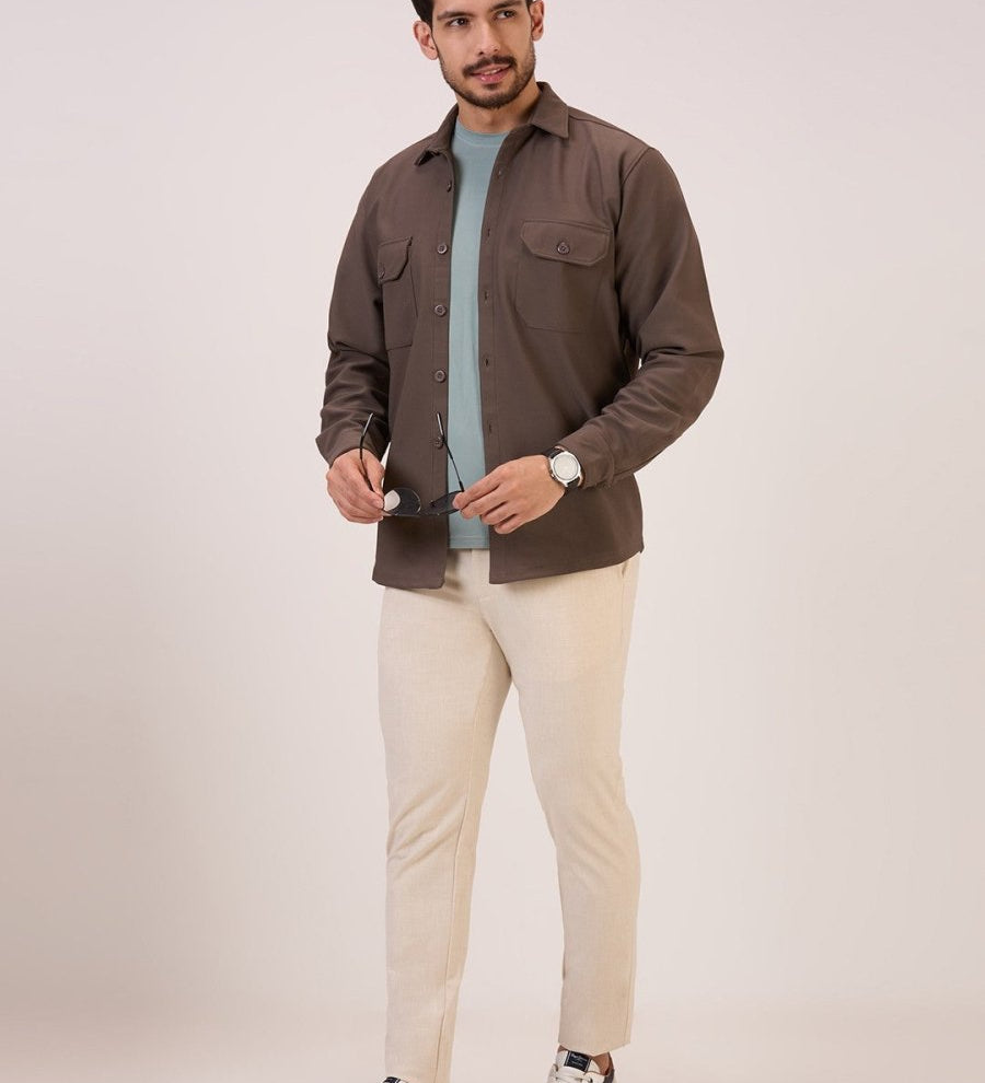 Mens Shackets mouse grey matte check shirt jacket front view