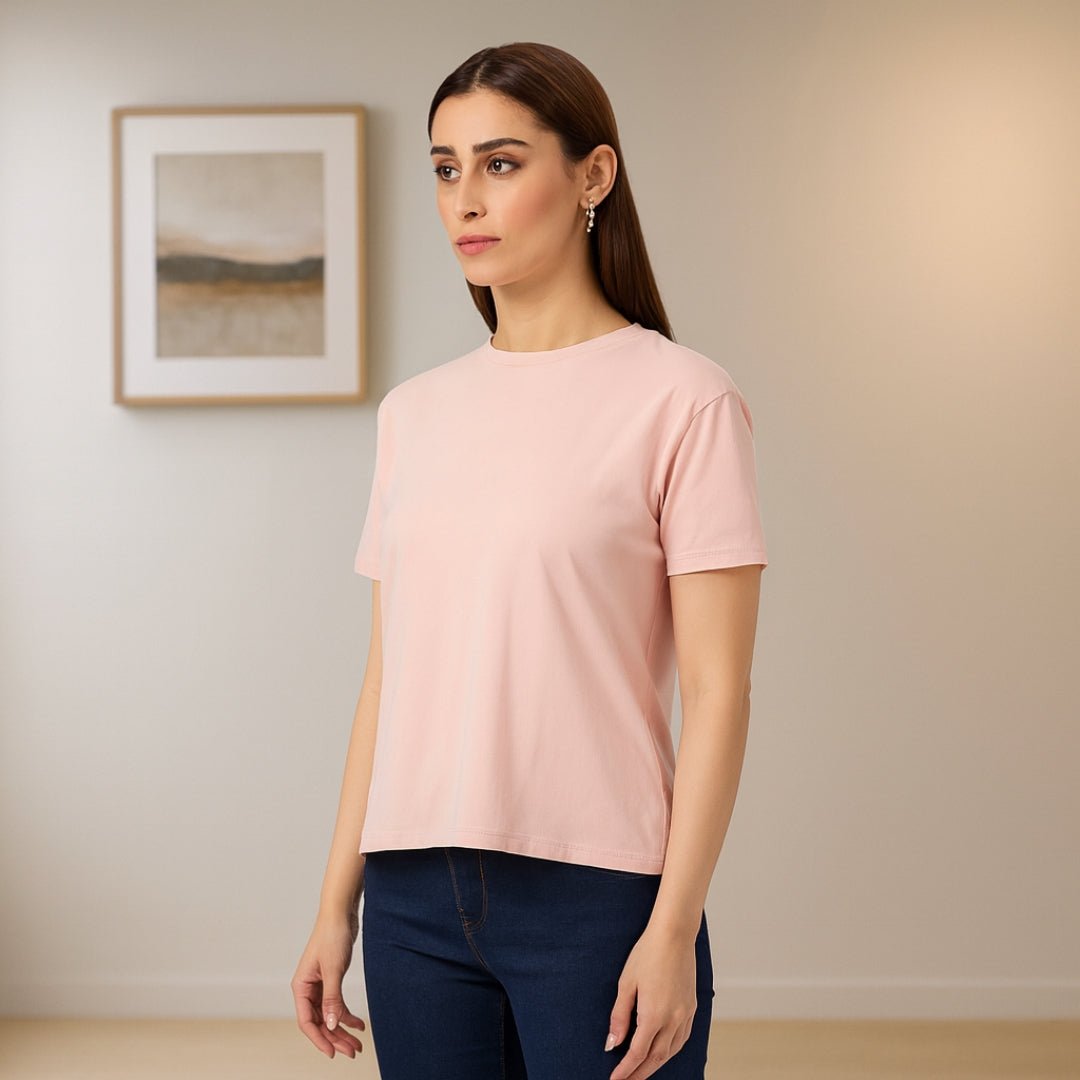 Solid Soft Feather Touch Round Neck T-Shirt Peach for Women's