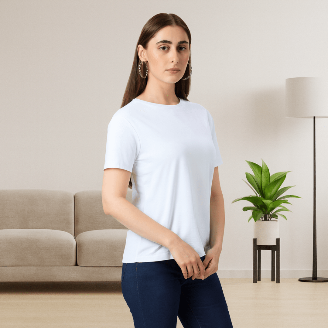 Solid Soft Feather Touch White Round Neck T-Shirt for Women's