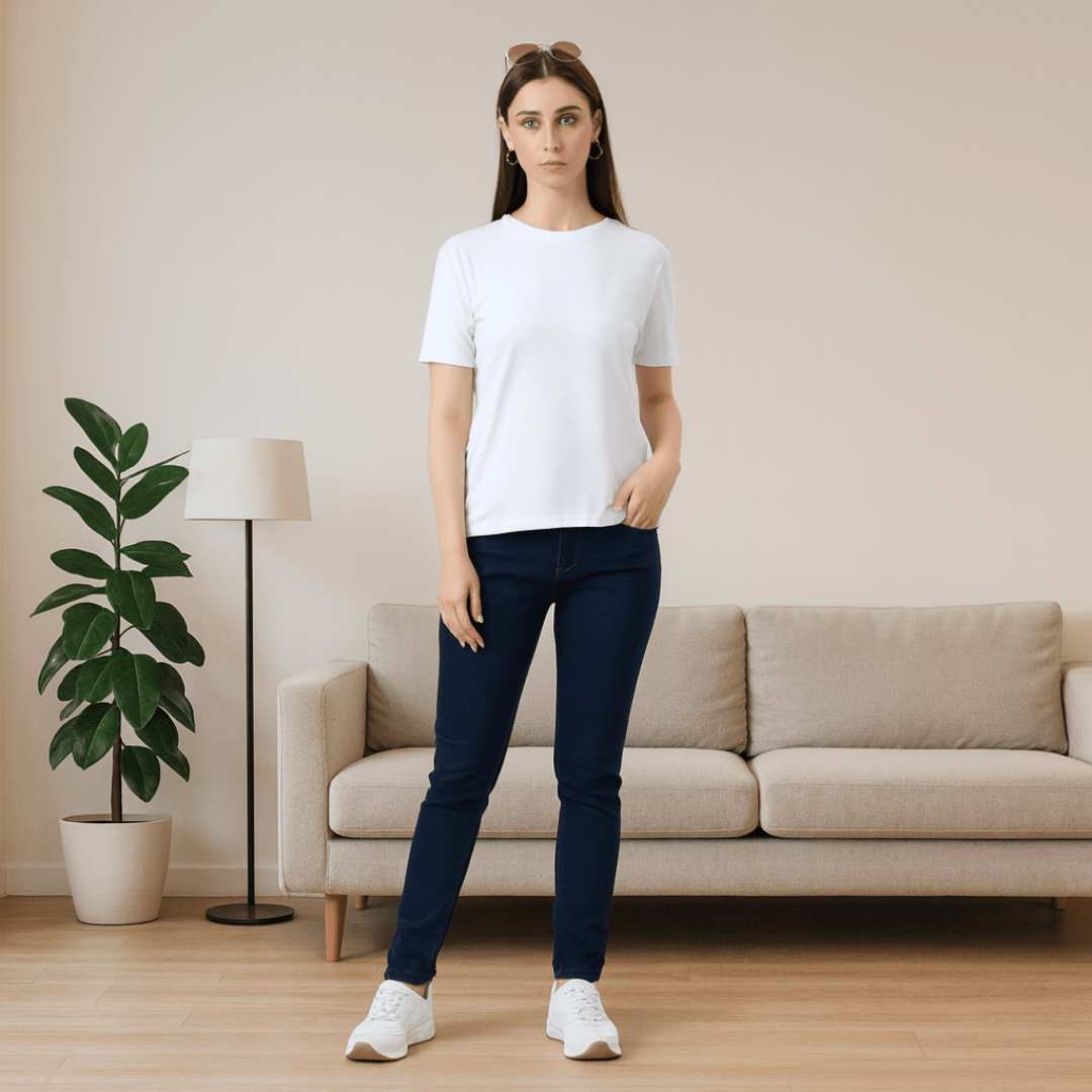 Solid Soft Feather Touch White Round Neck T-Shirt for Women's