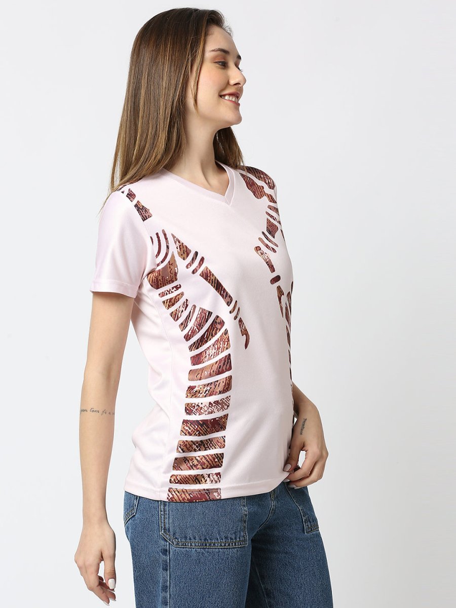 Stripped Graphic Printed Women's V-Neck T-shirt - White/Peach