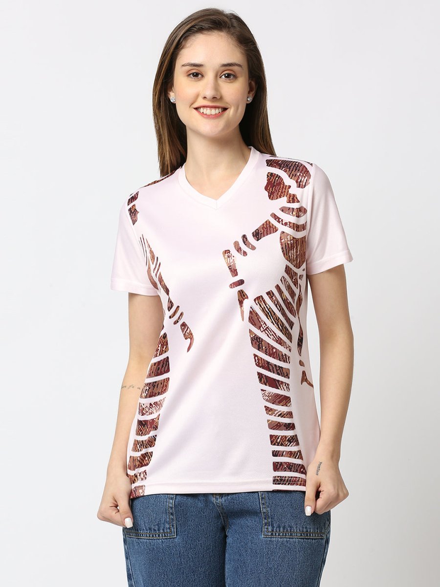 Stripped Graphic Printed Women's V-Neck T-shirt - White/Peach