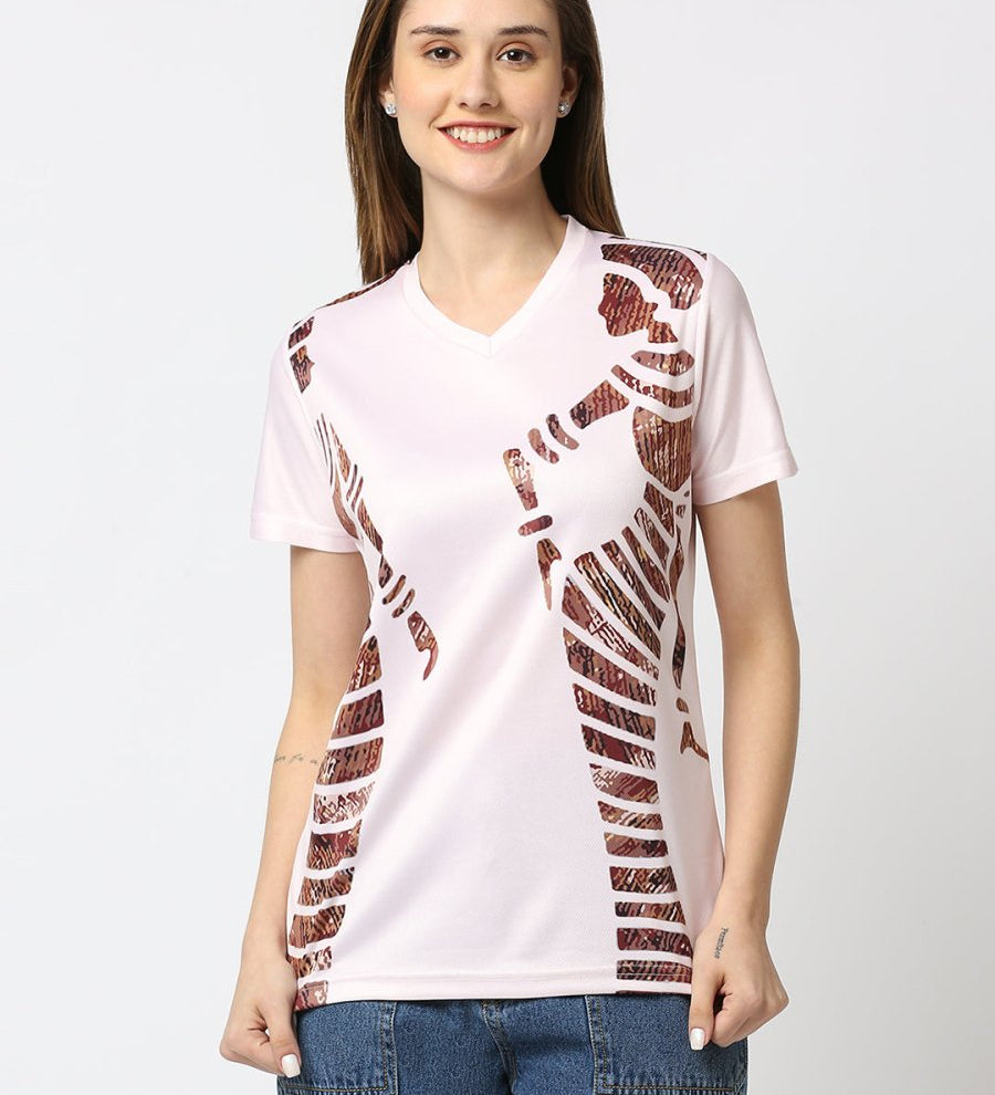 Stripped Graphic Printed Women's V-Neck T-shirt