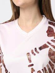 Stripped Graphic Printed Women's V-Neck T-shirt - White/Peach