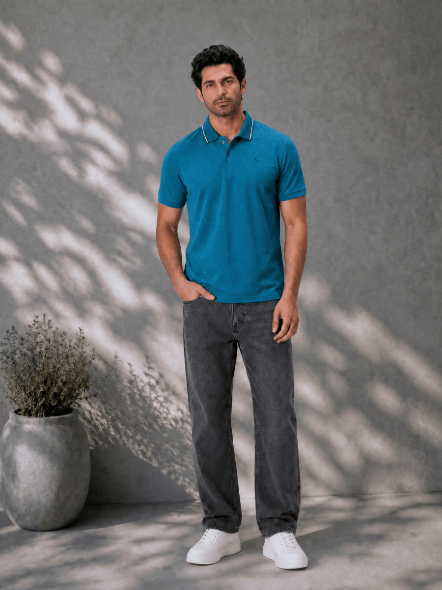 Teal Melange Polo T Shirt with Tipping Collar for Men