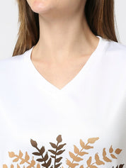 Tropical Graphic Printed Women's V-Neck T-Shirt - White/Peach